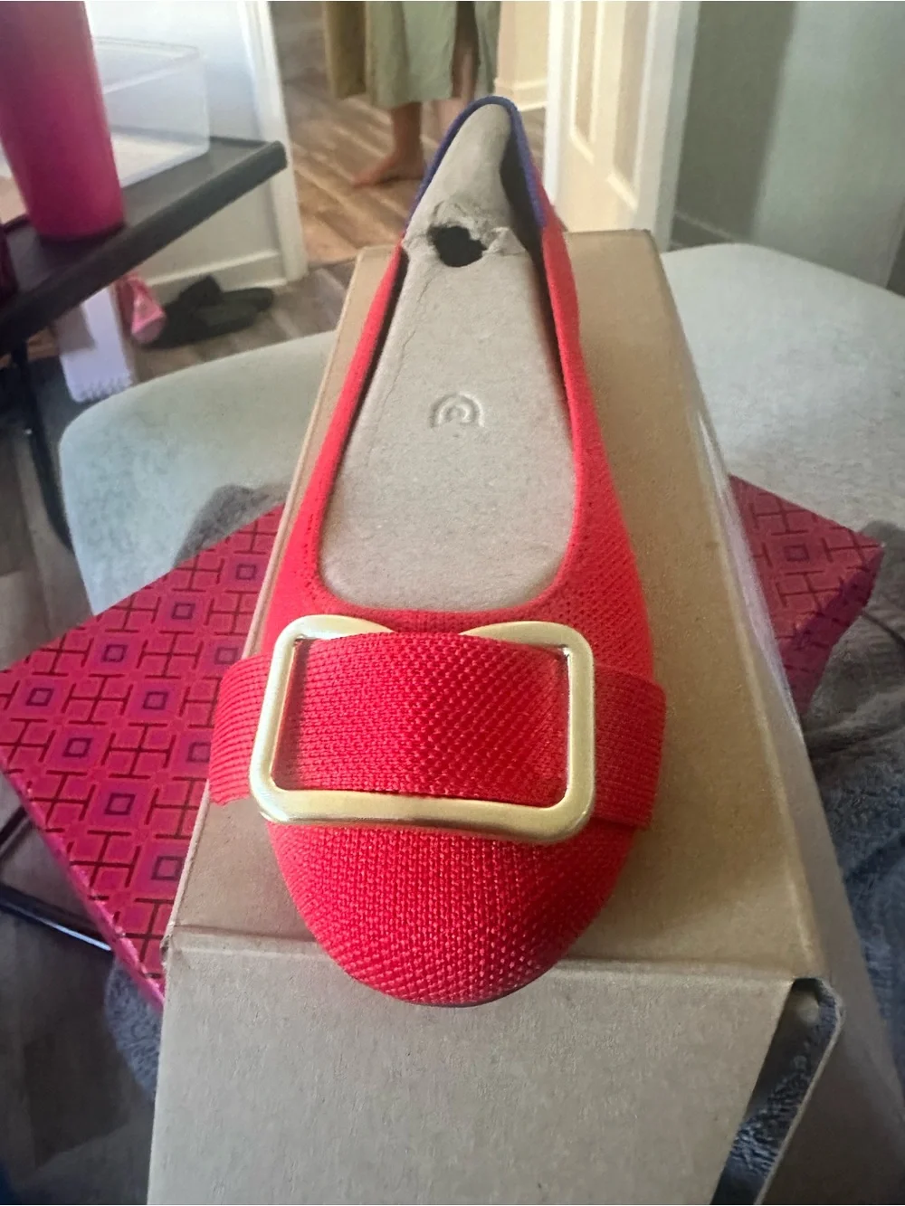 Rothy's Emblem Flat in Red with Gold Buckle Accent